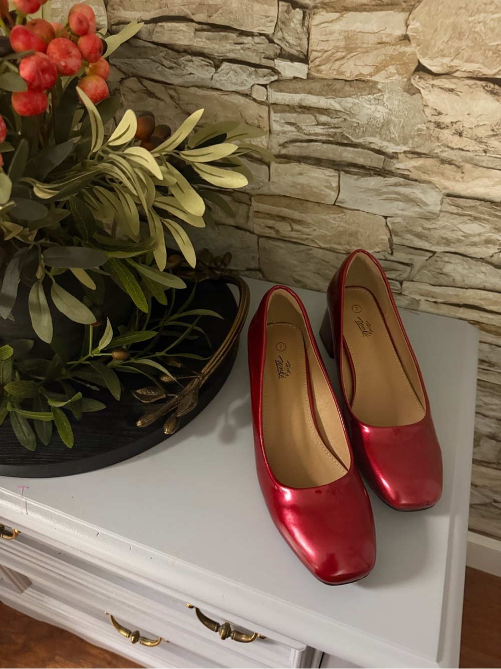 Women's Red Low Block Heel Pumps